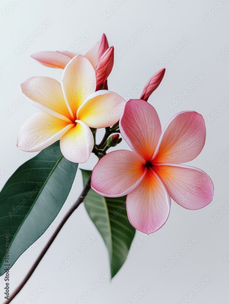 Obraz premium Pink and White Frangipani Flower Blossom Close Up