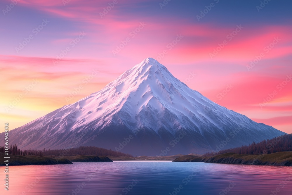 Fototapeta premium Majestic 3D Mountain Range with Rivers and Lush Valleys Under a Vibrant Sky