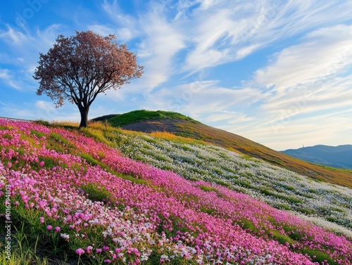 Wallpaper Mural Blooming Pink and White Flowers on a Hillside with a Tree and Blue Sky Torontodigital.ca