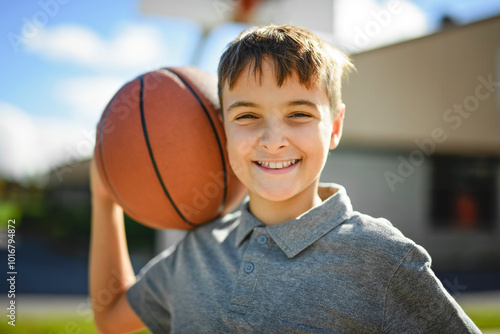 sporty boy wear grey sports clothes play basketball game on playground court