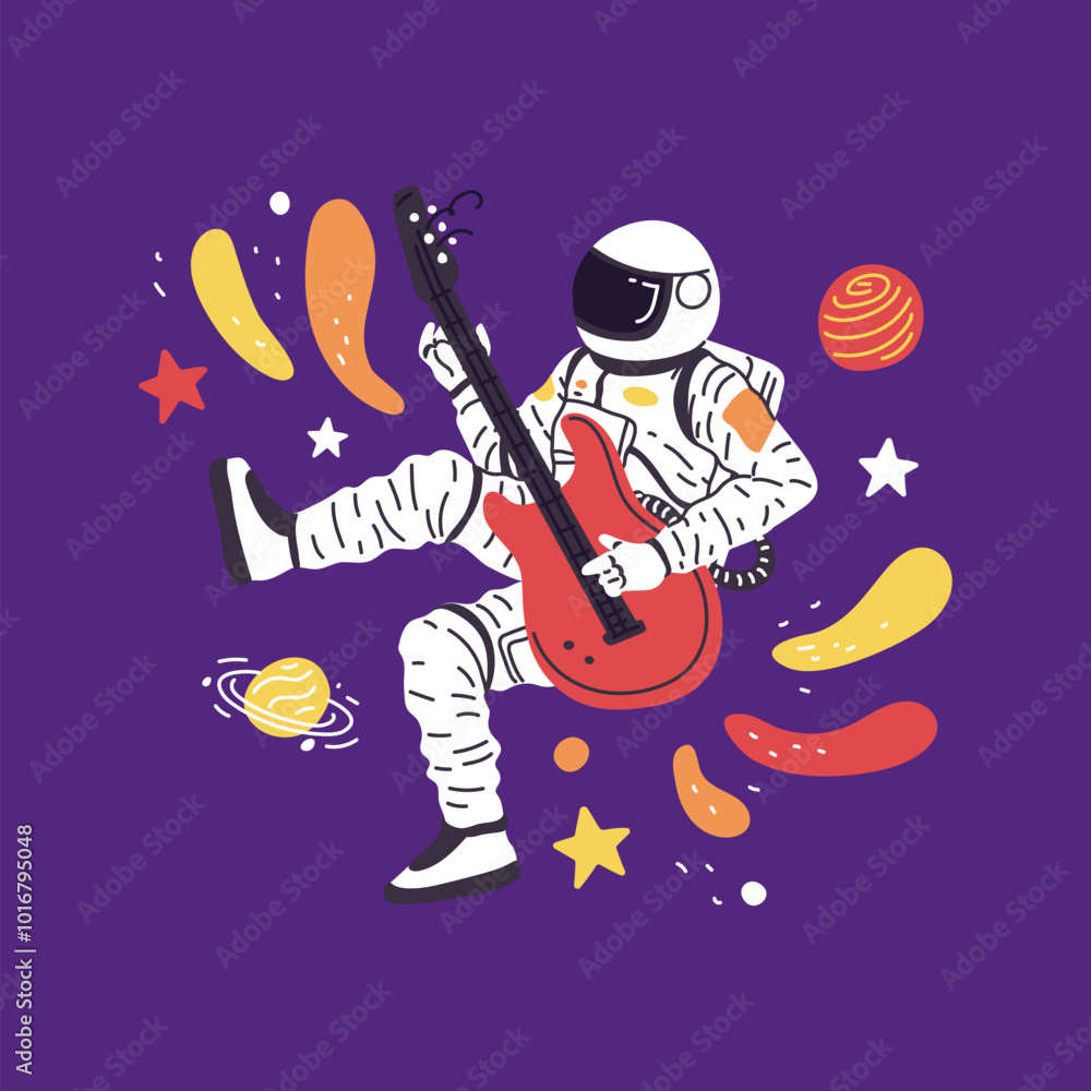 Astronaut playing guitar in space, cartoon vector flying musician cosmonaut in spacesuit, guitarist soaring in galaxy Astronaut playing guitar in space, cartoon vector flying musician cosmonaut in spacesuit, guitarist soaring in galaxy