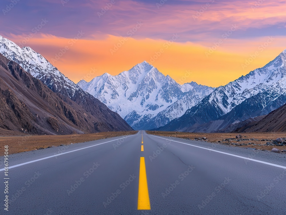 Naklejka premium Karakoram Highway at dawn, with the first light of day illuminating the towering peaks, Dawn Karakoram, Serene, scenic, breathtaking