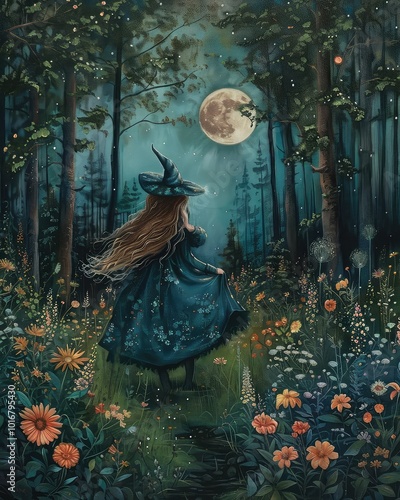 Witch dancing in a moonlit forest. photo