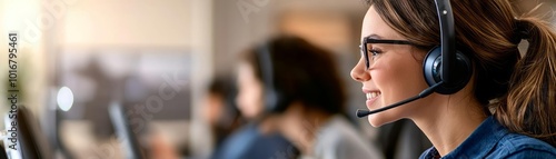 Smiling woman using headset in a busy call center with colleagues, professional workplace environment.