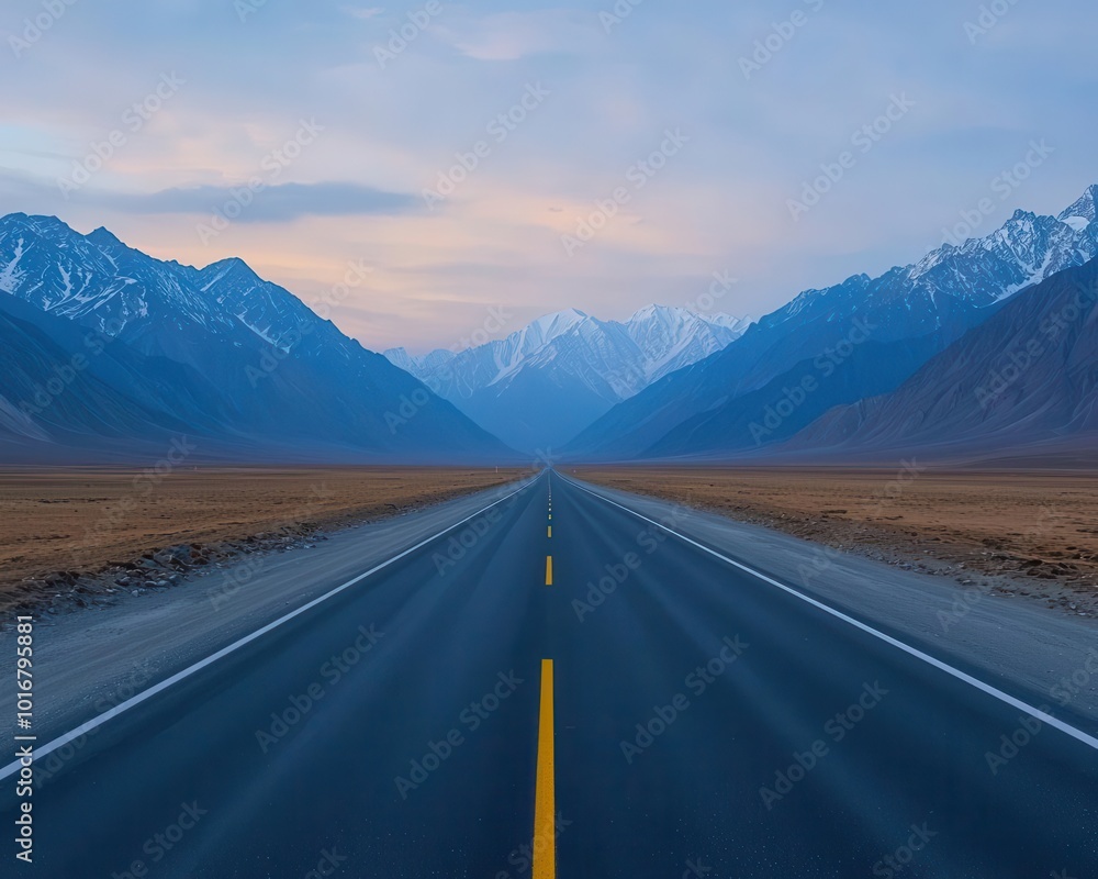 Karakoram Highway illuminated by car headlights at dusk, with jagged mountains in the distance, Dusk on Karakoram, Dramatic, scenic, tranquil Karakoram Highway illuminated by car headlights at dusk, with jagged mountains in the distance, Dusk on Karakoram, Dramatic, scenic, tranquil