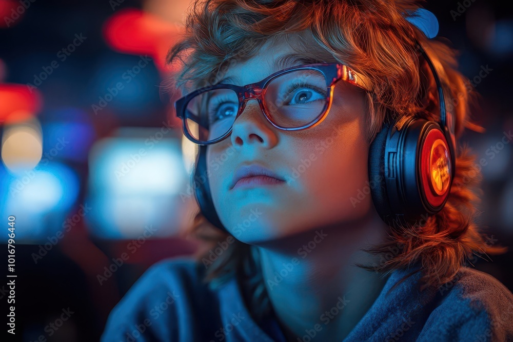 energetic boy immersed in gaming at a club illuminated by neon lights showcasing excitement and passion for technology and gaming culture energetic boy immersed in gaming at a club illuminated by neon lights showcasing excitement and passion for technology and gaming culture