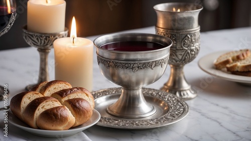 Elegant table setting for Shabbat celebration with silver Kiddush cup, challah, and lit candles 