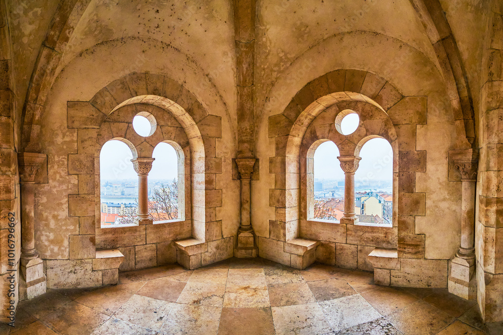 Walk in covered Gallery of Fisherman's Bastion, Budapest, Hungary Walk in covered Gallery of Fisherman's Bastion, Budapest, Hungary