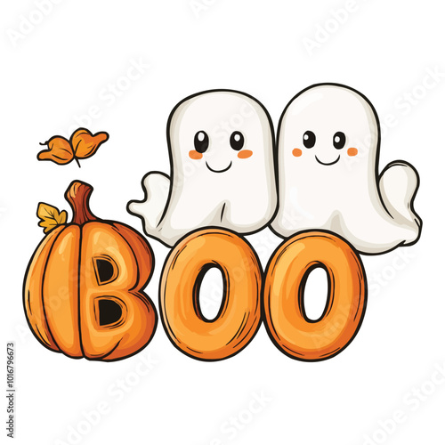 Halloween-themed word BOO with cute ghost and pumpkin