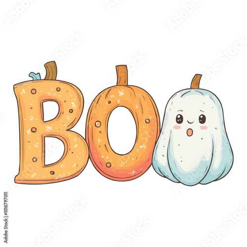 Halloween-themed word BOO with cute ghost and pumpkin