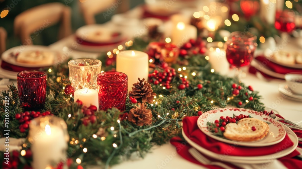 Christmas Table Setting with Candles and Red Decor Christmas Table Setting with Candles and Red Decor