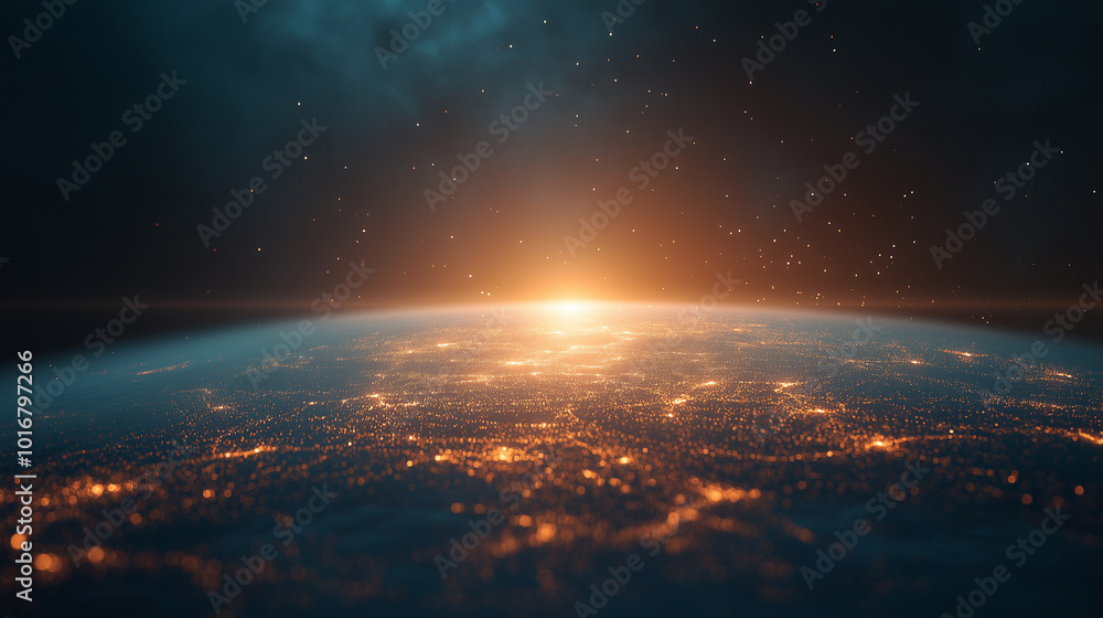 A planet with a bright orange sun in the sky A planet with a bright orange sun in the sky