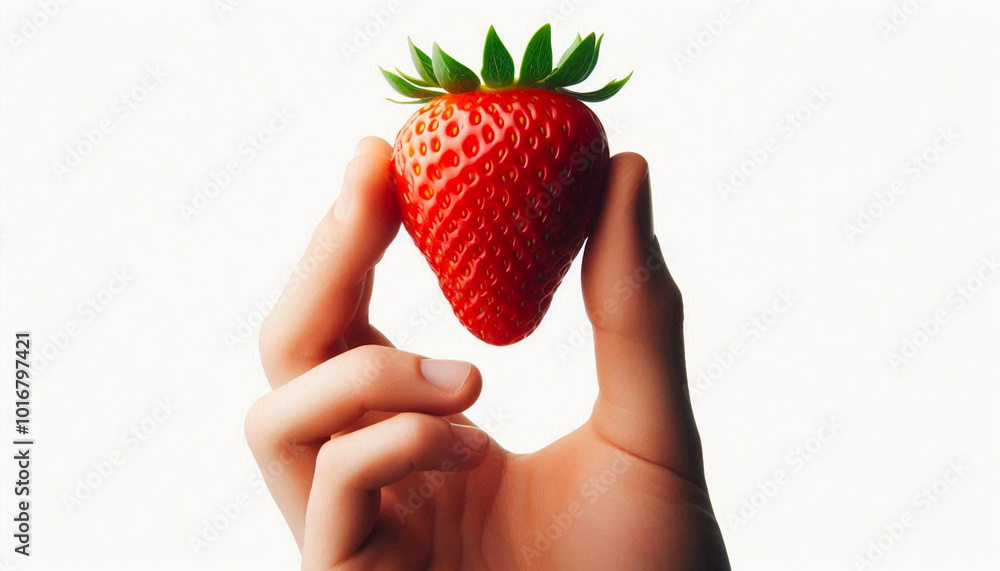 Obraz premium closeup hands fingers holding fresh red strawberry Isolated on white background, copy space