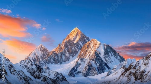 Karakoram Highway illuminated by the soft glow of sunset, with distant peaks bathed in golden light, Sunset on Karakoram, Warm, scenic, peaceful