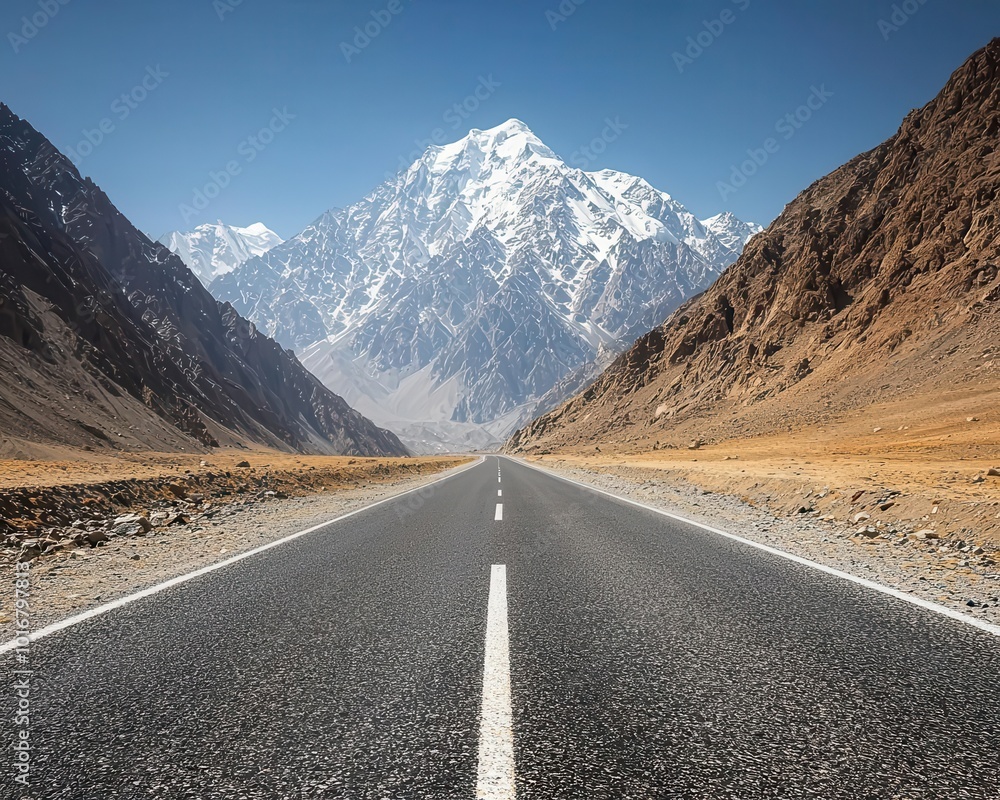 Fototapeta premium Karakoram Highway crossing through a rugged, rocky landscape with dramatic cliffs towering above, Rugged Karakoram, Scenic, adventurous, rugged
