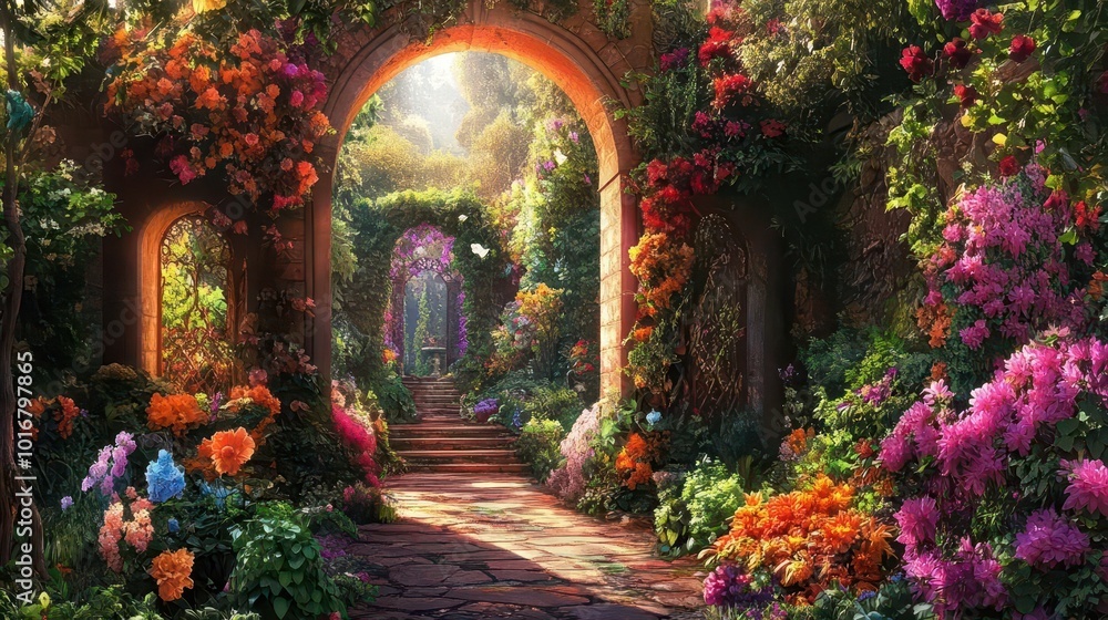 Fototapeta premium a secret fairytale garden filled with lush greenery, enchanting flower arches, and vibrant colors, illustrated as a digital painting that invites viewers into a whimsical paradise