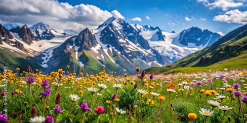 alpine meadow with wildflowers and snow capped peaks in the background