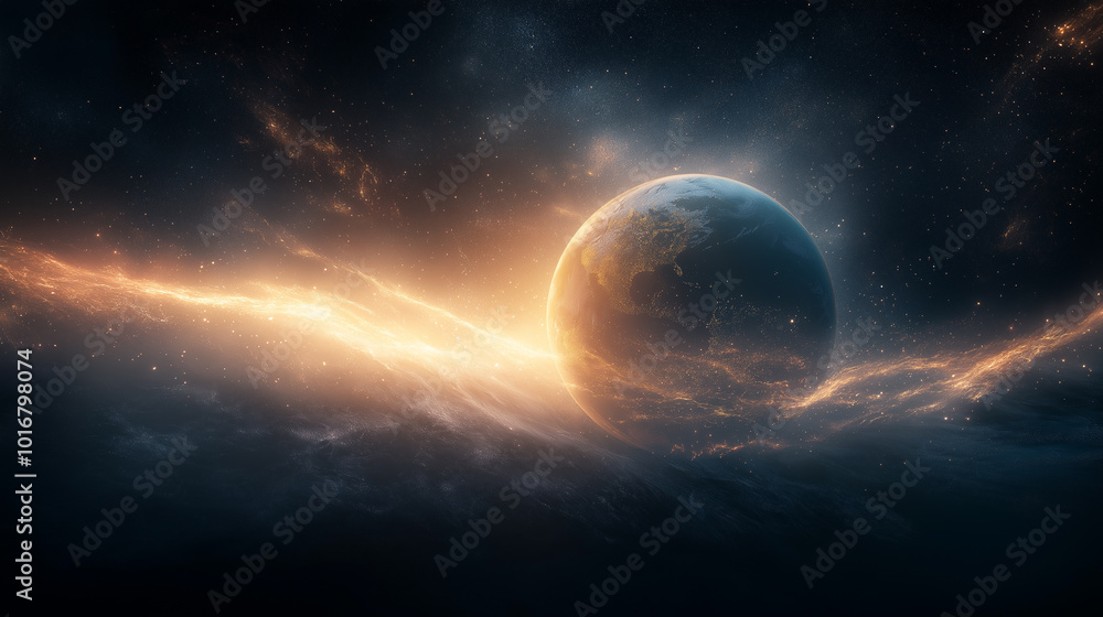 A planet is floating in space with a bright orange glow surrounding it A planet is floating in space with a bright orange glow surrounding it