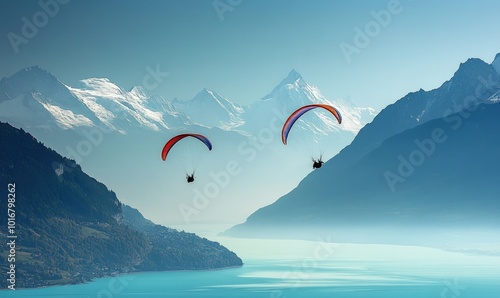 Two paragliders soar over a mountain lake and snow capped peaks.