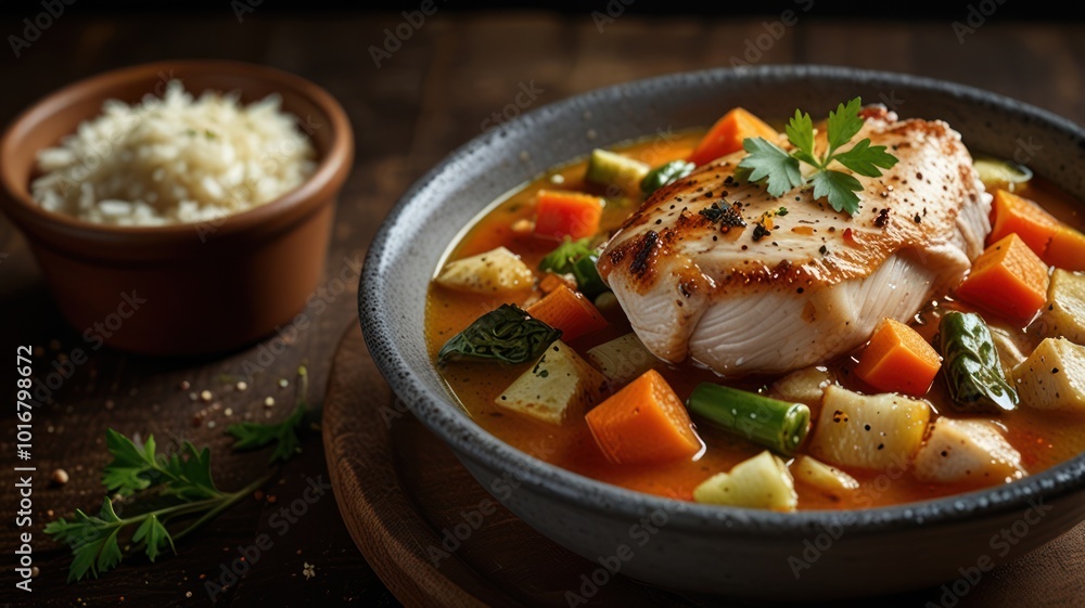 A bowl of chicken stew with vegetables, served with a side of rice. A bowl of chicken stew with vegetables, served with a side of rice.