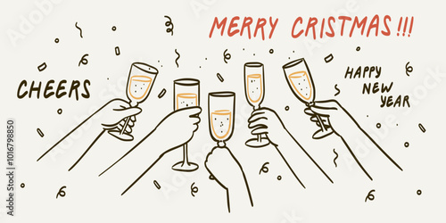 Hands hold glasses with white sparkling wine or champagne. Cheers vector illustration for greeting card, postcard, placard, invitation design. Line drawing of people celebrating christmas or new year.