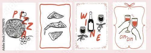 Minimalist hand drawn pizza illustration for wall art collection in simple doodle line style. Pizza and wine kitchen poster, placard, banner or menu design. Italian food and drink vector illustration.