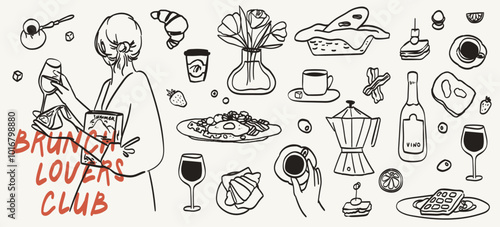 Hand drawn chalk food illustrations set. Sketch style breakfast, lunch icons. Wine glass, coffee, croissant, waffles and wine drawings for invitations, menus and parties. La dolce vita italian style.