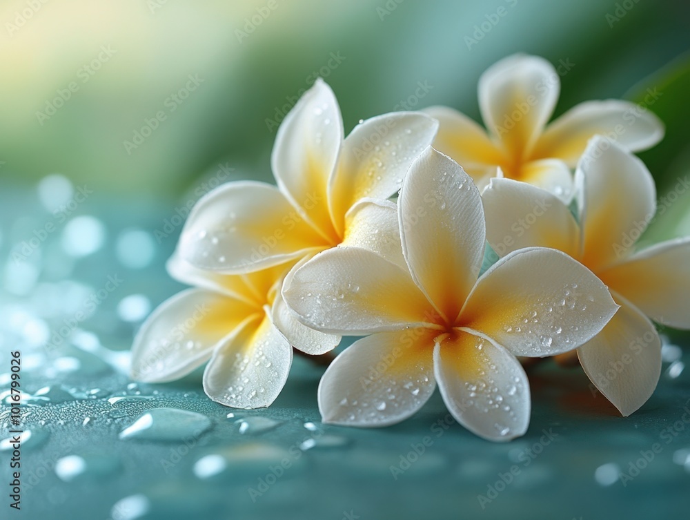 Handdoek met foto met White Plumeria Flowers with Dew Drops on Teal Background #1016799026