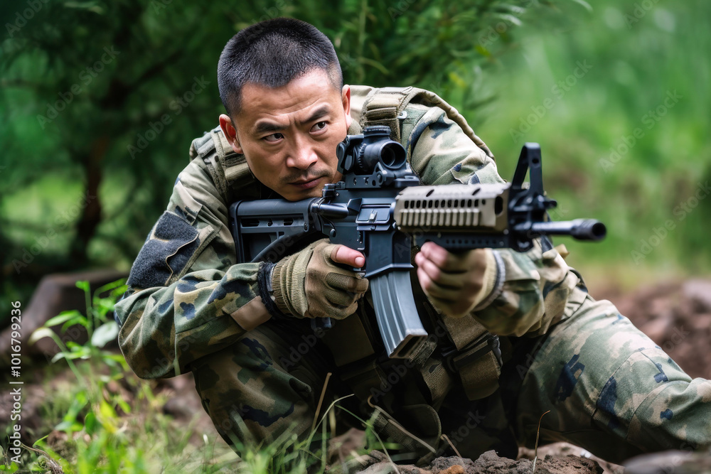 Chinese soldier in tactical gear aiming a rifle while crouching in a forested area during a training exercise Chinese soldier in tactical gear aiming a rifle while crouching in a forested area during a training exercise