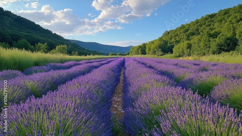 Lavender Field Rows with Mountains and Blue Sky