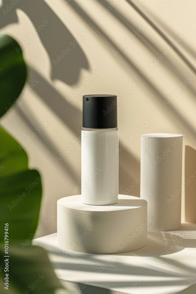 Minimalist beauty product display on geometric pedestals with soft shadows and plant leaves in the background, perfect for modern skincare aesthetics. Minimalist beauty product display on geometric pedestals with soft shadows and plant leaves in the background, perfect for modern skincare aesthetics.