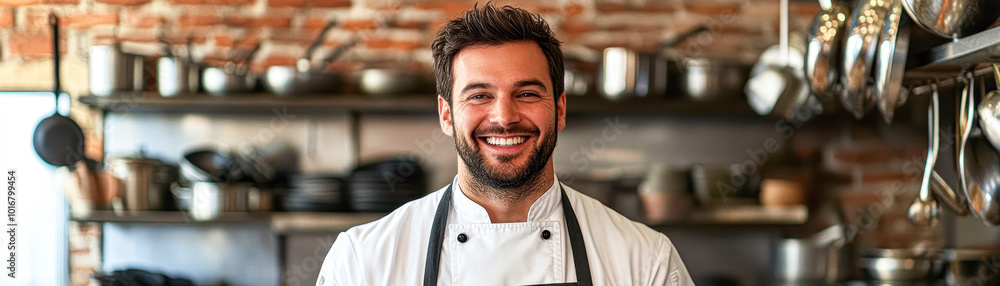 Obraz premium A smiling chef stands in front of a kitchen with many pots