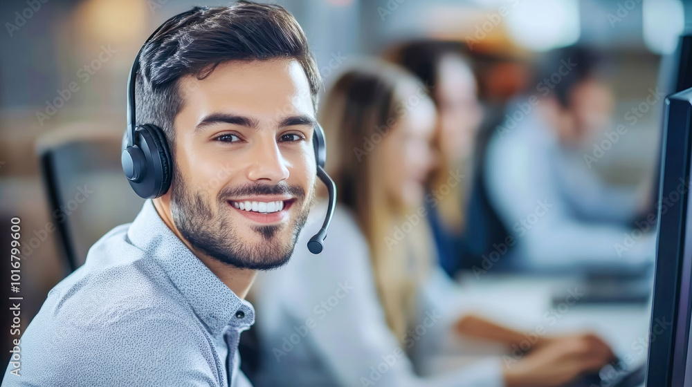Close-up of a smiling call center worker in headset focused on computer with team in background and cinematic lighting Close-up of a smiling call center worker in headset focused on computer with team in background and cinematic lighting