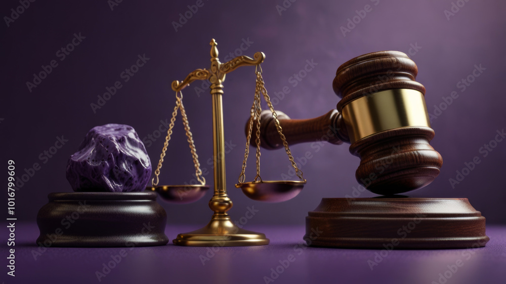 Justice concept: images of legal gavel and scales on purple dark background Justice concept: images of legal gavel and scales on purple dark background