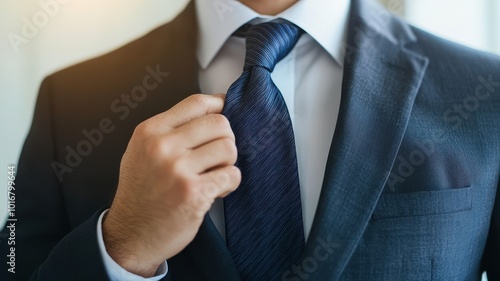 A well-dressed individual adjusts their tie, showcasing a professional look with a suit and attention to detail.