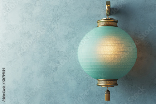 Pastel Jade Paper Lantern with Gold Trim on Light Gray Wall, Eastern Calendar Celebration Concept, Copy Space photo