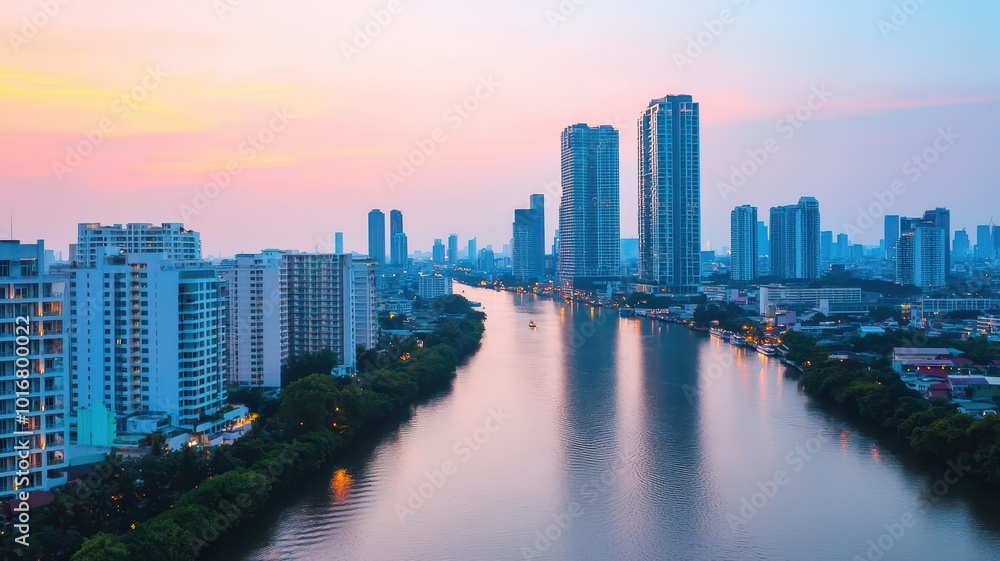 Fototapeta premium A picturesque urban skyline at dusk, highlighting modern skyscrapers along a winding river, with a tranquil ambiance and vibrant sunset colors.