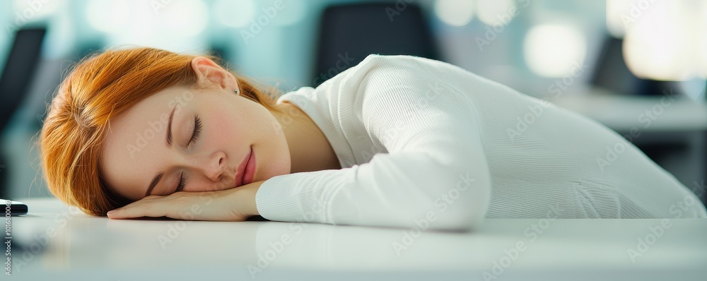 A woman with red hair is peacefully sleeping with her head resting on a desk in a bright, modern office environment. A woman with red hair is peacefully sleeping with her head resting on a desk in a bright, modern office environment.