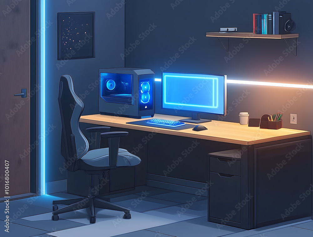Modern Gaming Desk with Blue Neon Lights, Apple MacBook Pro, and Dual Monitors Modern Gaming Desk with Blue Neon Lights, Apple MacBook Pro, and Dual Monitors
