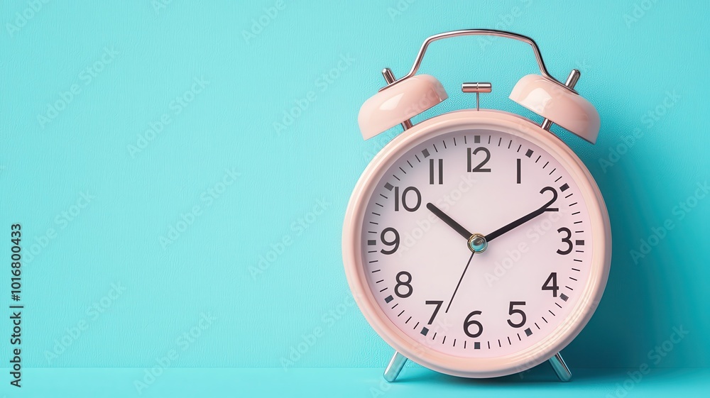 A pink alarm clock displaying the time on a pastel blue background, symbolizing punctuality and time management. A pink alarm clock displaying the time on a pastel blue background, symbolizing punctuality and time management.