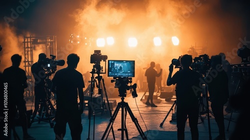 behind-the-scenes view of a film crew in a studio, silhouettes of people working with cameras and lighting equipment, creating a lively atmosphere in the world of video production