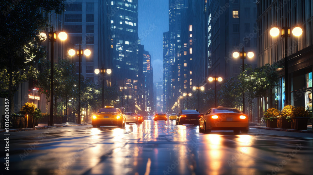 A vibrant modern city street at night with illuminated cars and futuristic LED lights creating a stunning urban atmosphere A vibrant modern city street at night with illuminated cars and futuristic LED lights creating a stunning urban atmosphere