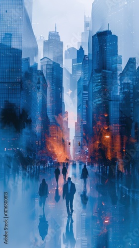 Modern skyscraper buildings with glass facades in the city center, with a double exposure effect. Blue and white color background. Concept of business and urban development. Realistic photograph.