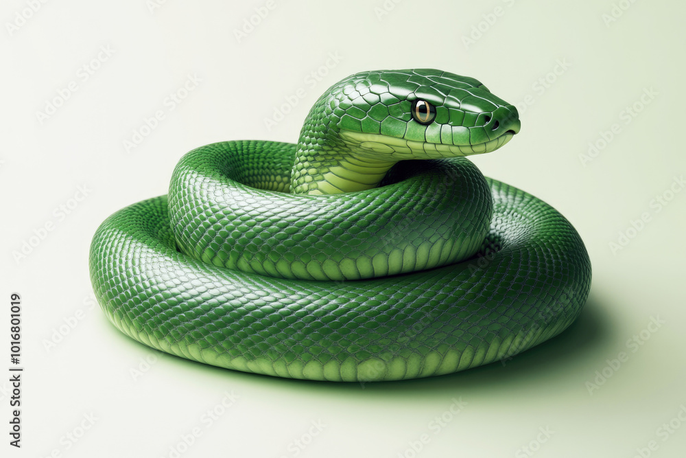 Fototapeta premium Green Snake on Pastel Background in Minimalist Style, Year of Wooden Green Snake Concept