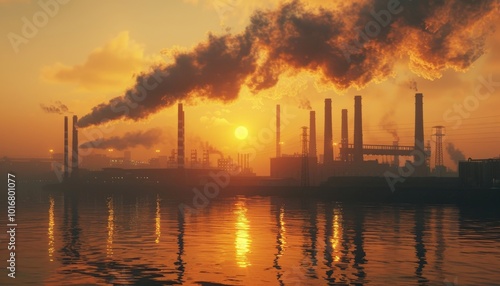 Industrial landscape at sunset with smoke billowing from factory chimneys, reflecting on water, showcasing pollution and industry.