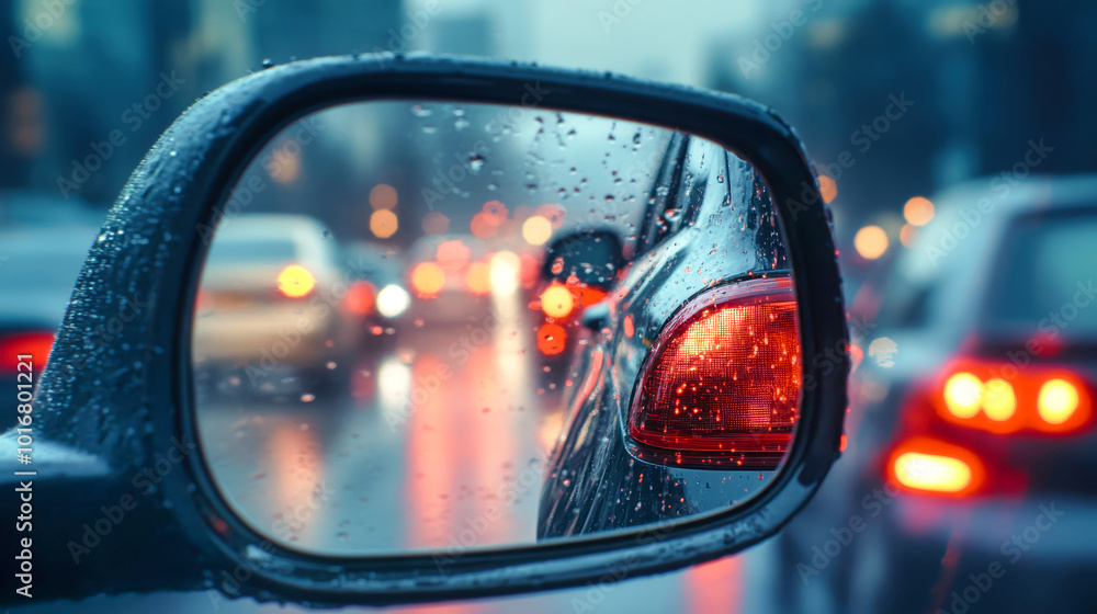 Evening traffic jam view from a car's rear view mirror on a rainy day with reflections and city lights glistening Evening traffic jam view from a car's rear view mirror on a rainy day with reflections and city lights glistening