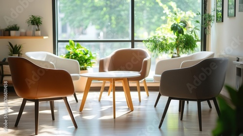 chairs arranged thoughtfully in a psychologist's office, creating a warm and inviting space for group therapy, with natural light gently illuminating the room's calming colors