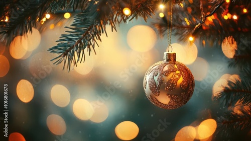 charming christmas and new year backdrop, featuring a beautifully decorated bauble hanging from a lush tree, sparkling bokeh lights twinkling softly in the background, evoking holiday warmth