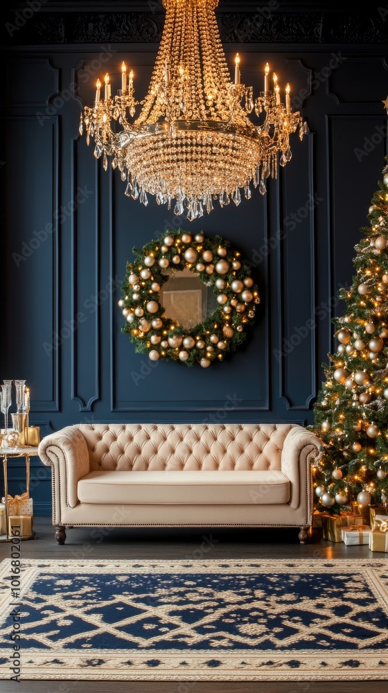 Obraz premium This cozy living room features a modern sofa and coffee table, adorned for Christmas with a decorated tree and thoughtful holiday decor against a soft blue wall
