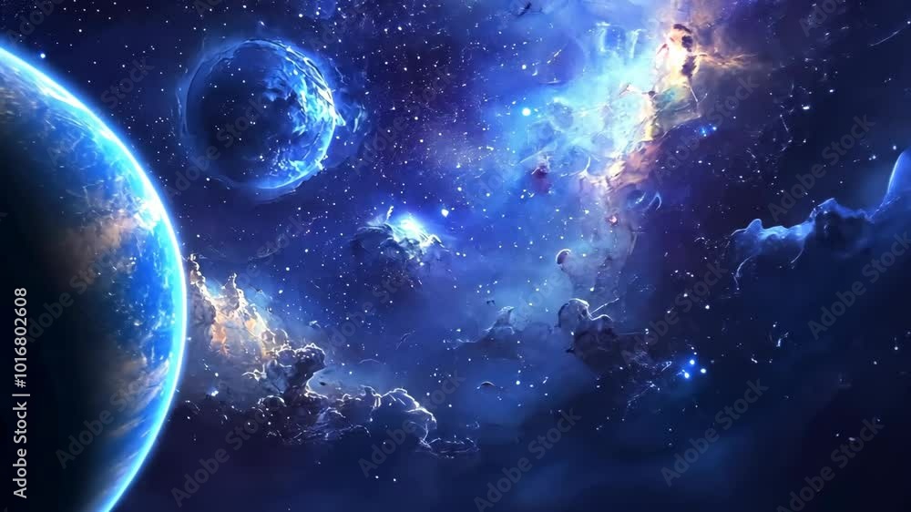 A blue planet in a vast, starry expanse, illuminated by the glow of a nearby nebula A blue planet in a vast, starry expanse, illuminated by the glow of a nearby nebula
